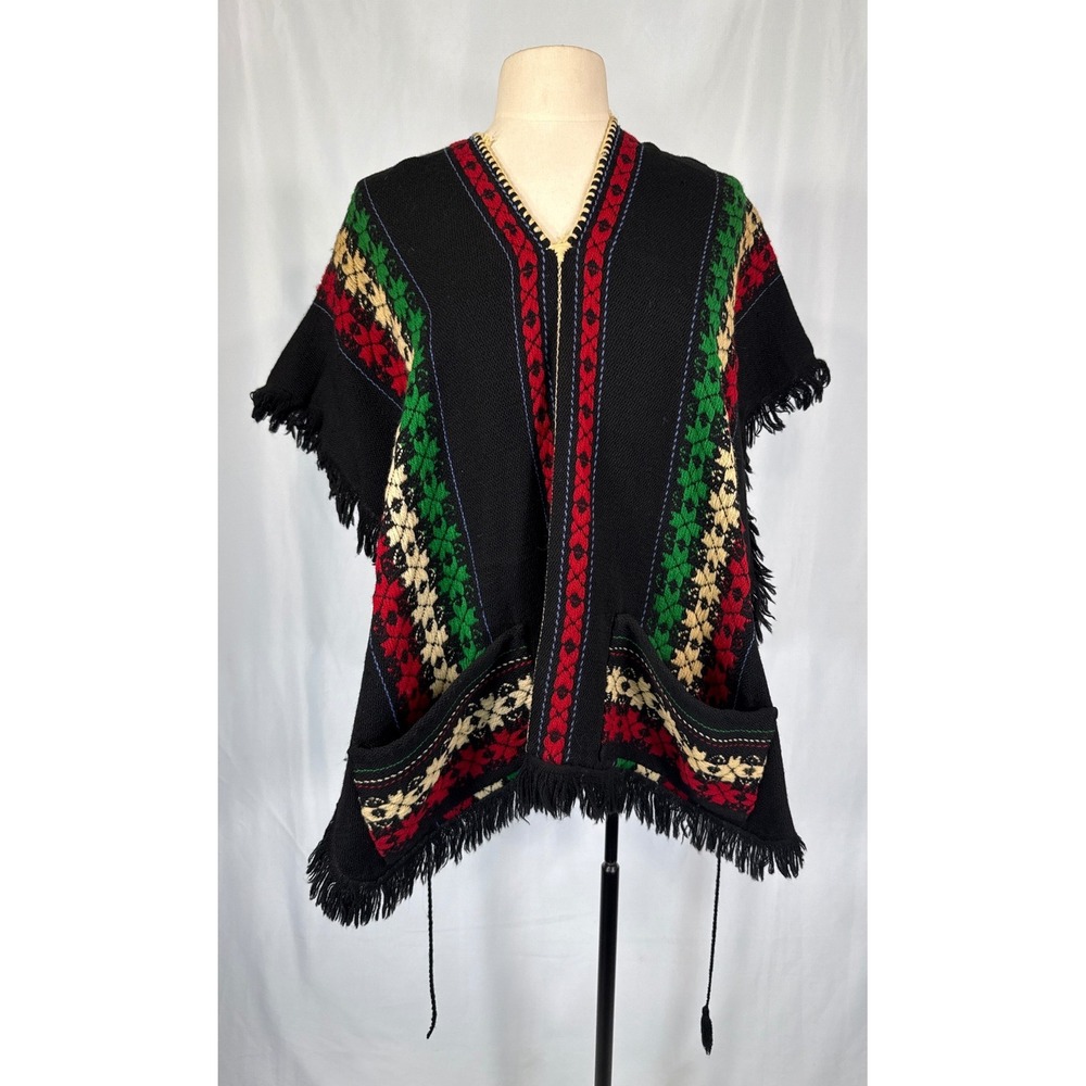 ITA Argentina Handmade Wool Poncho Black Red Green Geometric Fringe Pockets